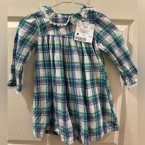 Kids Plaid Long-Sleeve Dress with Lace Collar - Blue & Green